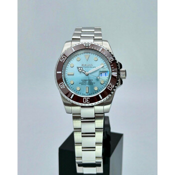 Custom Seiko Mod • Platinum Ice Blue Brown Ceramic Bezel Submariner • 40mm